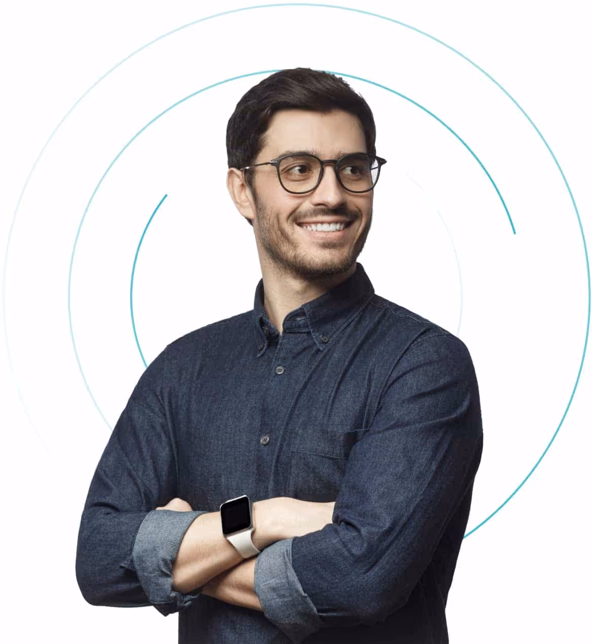 Man smiling while folding his arms
